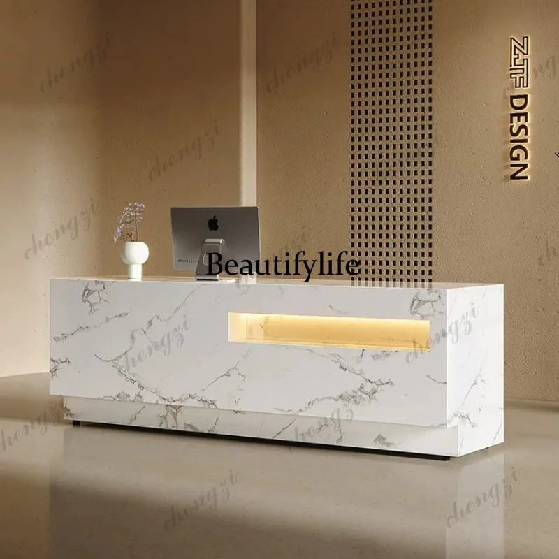 Modern light luxury company office reception desk store checkout page white light luxury imitation marble payment desk