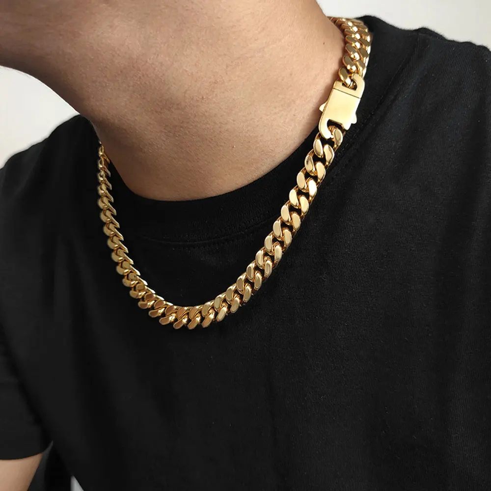 Nuoya Hip Hop Jewelry Stainless Steel Men Flat 4 Side Curb Cuban Link Chain Necklace For Men Drop Shipping