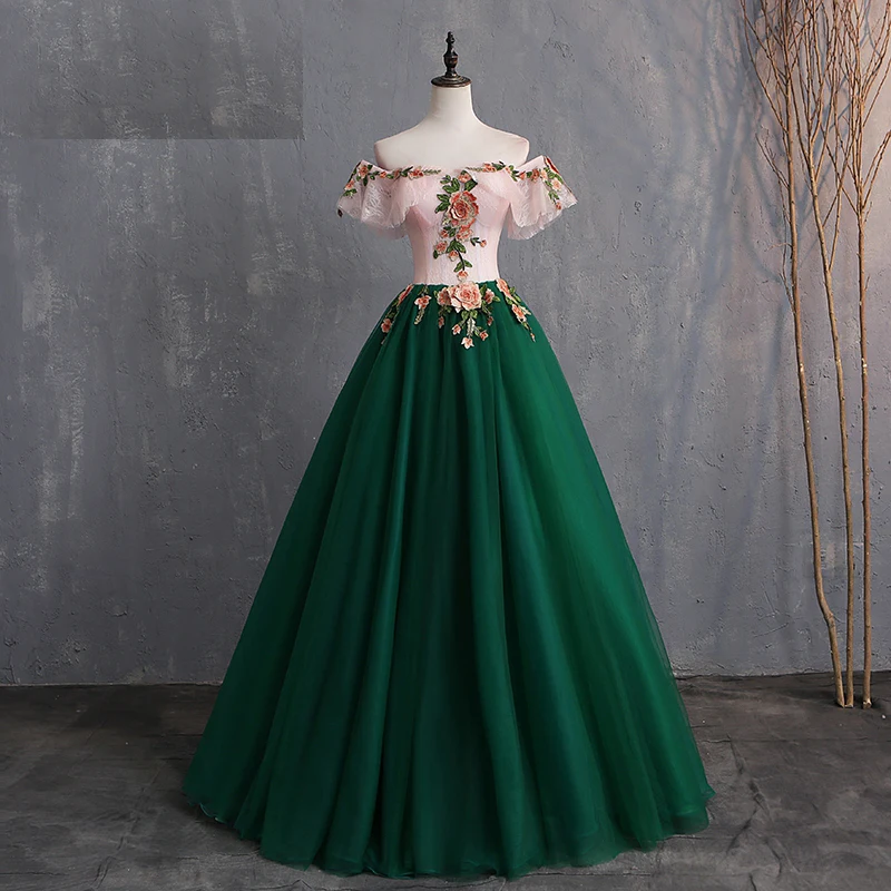 Женское бальное платье, винтажное кружевное платье Quinceanera, элегантное платье с открытыми плечами, милые платья с цветочным принтом