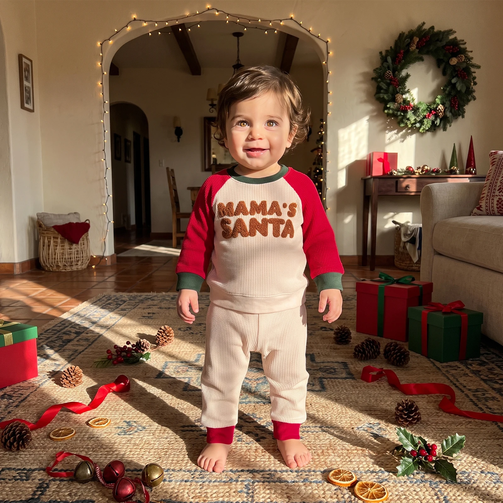 Toddler Baby Boys Christmas Outfit Waffle Long Sleeve Sweatshirt and Pants 2Pcs