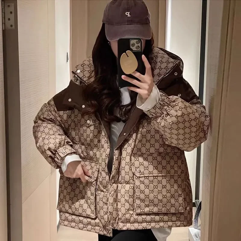 Luxury Brand Women Clothing Winter Super Hot Coat New Trendy Youthful Printed Cotton Padded Jacket Hooded Short Tops Puff Jacket
