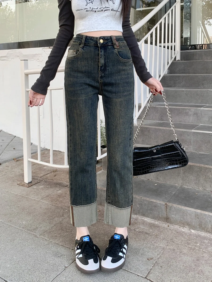 Retro Elastic Straight Leg Jeans Women's High Waist Slimming Nine Point Smoking Pants Spring Autumn plus Size Small Figure