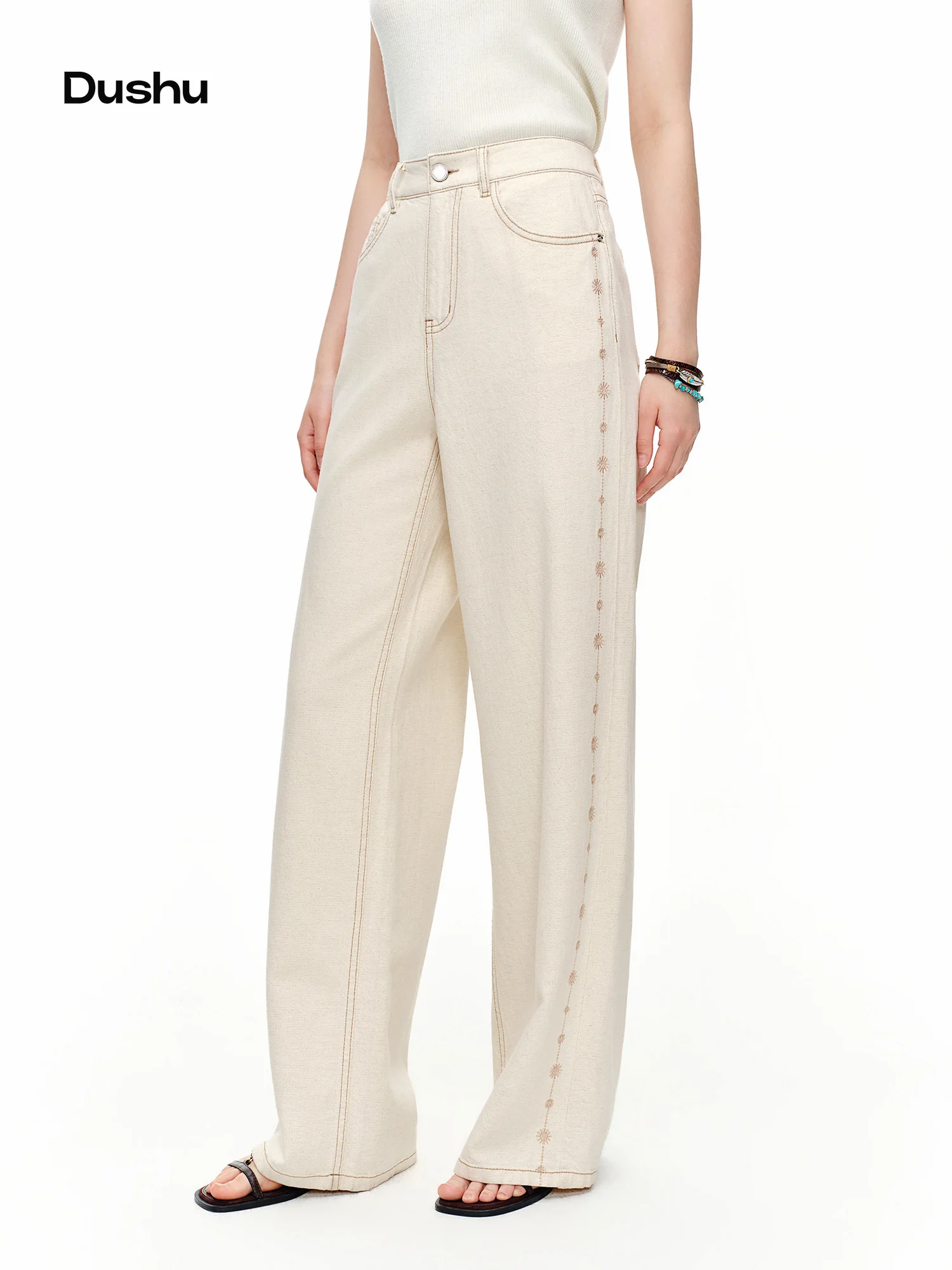 DUSHU 2024 Summer Women's White Linen Blend Embroidered Straight Leg Jeans - Elegant Casual Trousers for Daily and Summer Wear