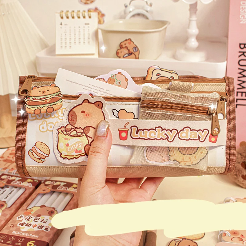 Capybara Multi-Layer Large Capacity Pencil Bag Cute Cartoon Pencil Case Stationery Organizer Storage Bag For Students Gift