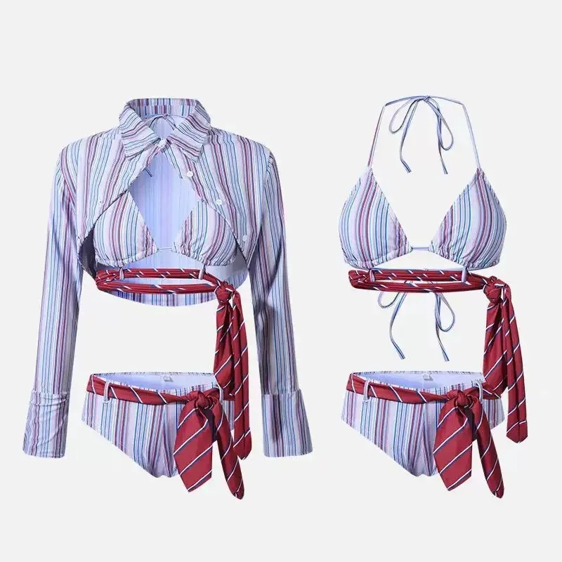 Nowy Strój Kąpielowy w Paski, 3-częściowy Zestaw, Seksowny Styl Koledżowy, Dwukolorowe Bikini z Narzutką, Unikalny Design na Wakacje na Plaży lub przy Basenie