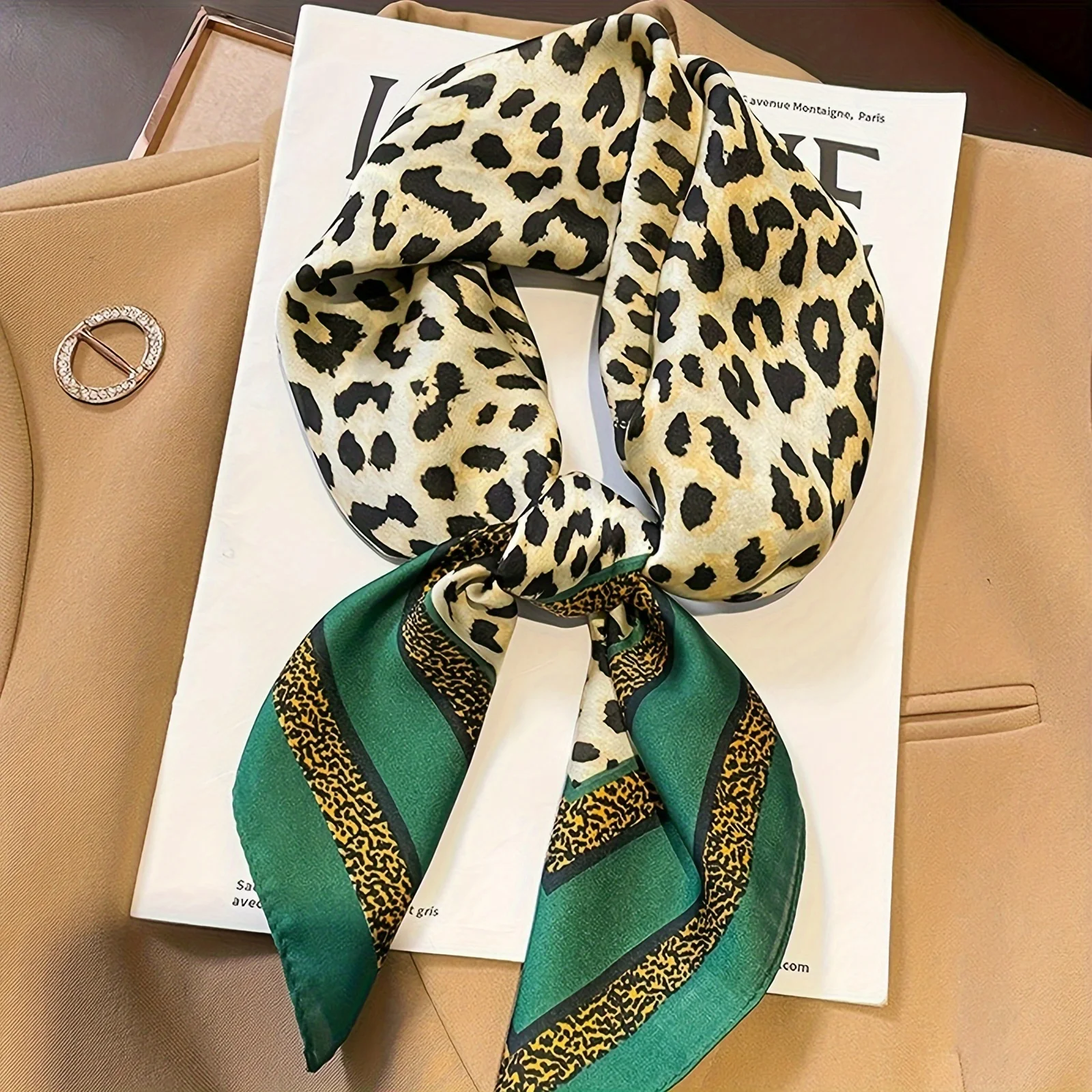 Camel/Green Leopard Square Scarf Stylish Thin Breathable Small Shawl Sunscreen Windproof Headscarf For Women Daily Wear