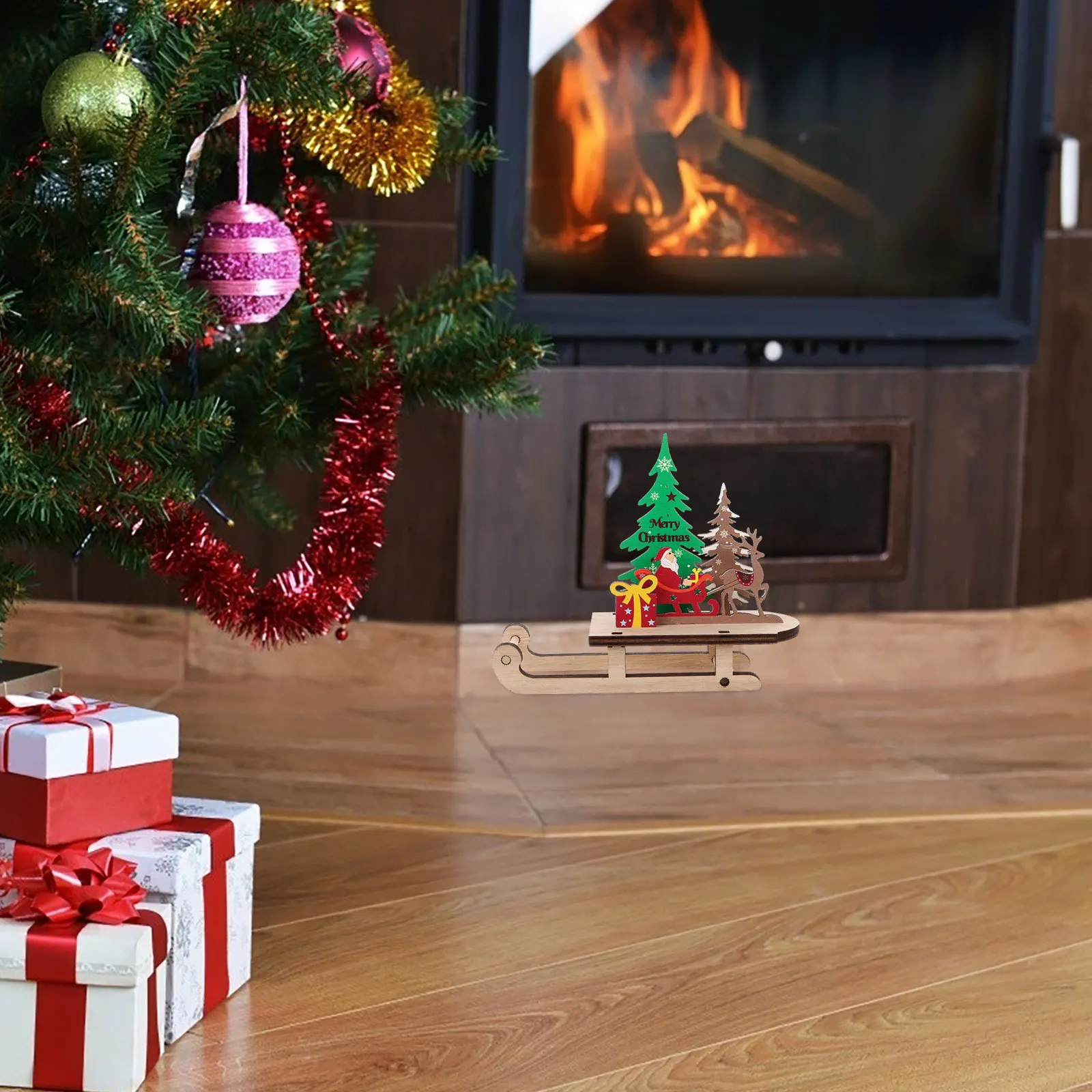 

Christmas Wooden Sleigh Craft Mini Tree Decoration Vintage Holiday Centerpiece Desktop Decor for Xmas Party Home Festive Display