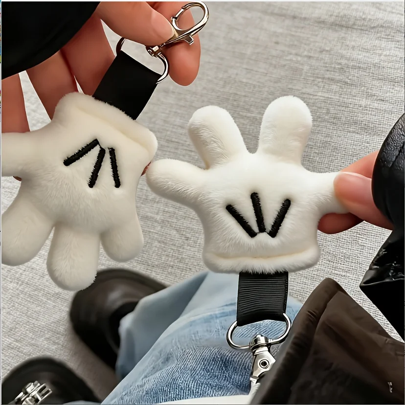 Disney Mickey Plush Glove Keychain - Women's Bag Decoration, White Synthetic Leather, Playful Design. Perfect Holiday Gifts