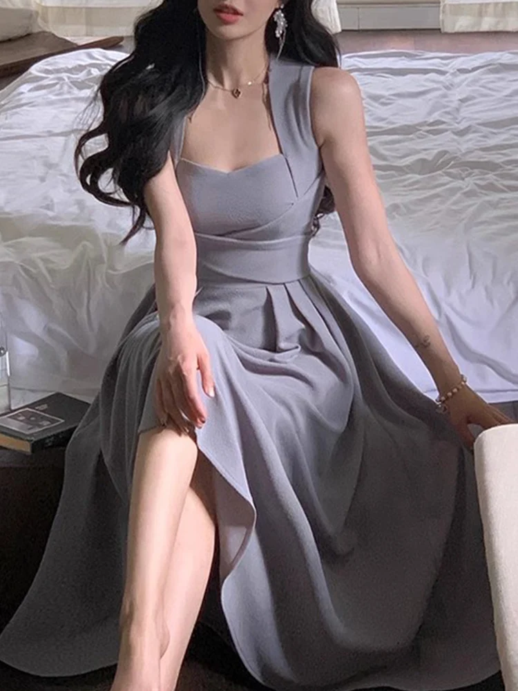 Elegant Dress for Women Sleeveless Streetwear Fashion Dress Fairycore Solid Midi Neck Mounted 2023 New Spring Summer Dress