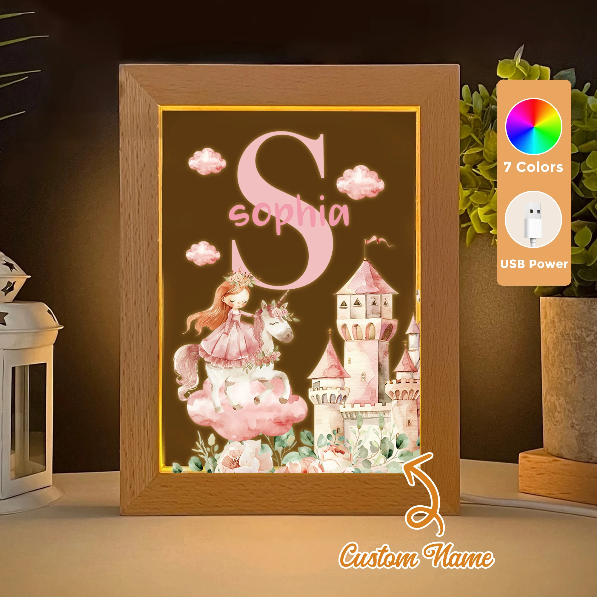 

2D Flat Custom Name Girl Unicorn LED Acrylic Night Light Wood Photo Frame 21x17cm Cartoon Children Bedroom Gifts Home Decor Gift