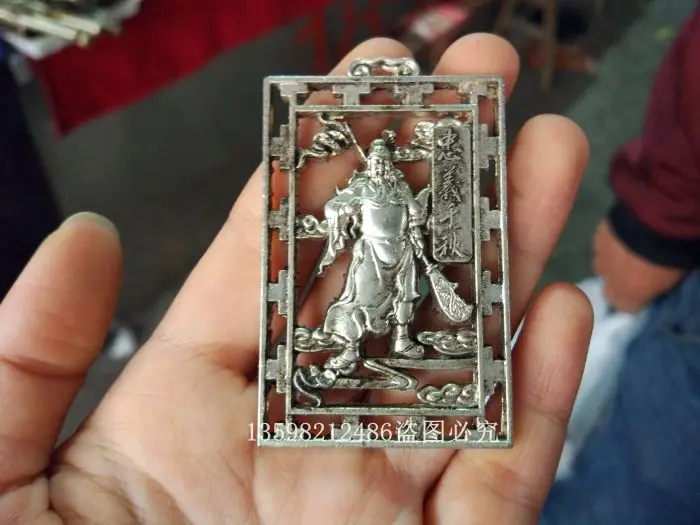 Antique Silver Ware Collection White Copper Plated Hollow Buddha Card Thousand Hand Guanyin Martial God of Wealth Dragon Pendant