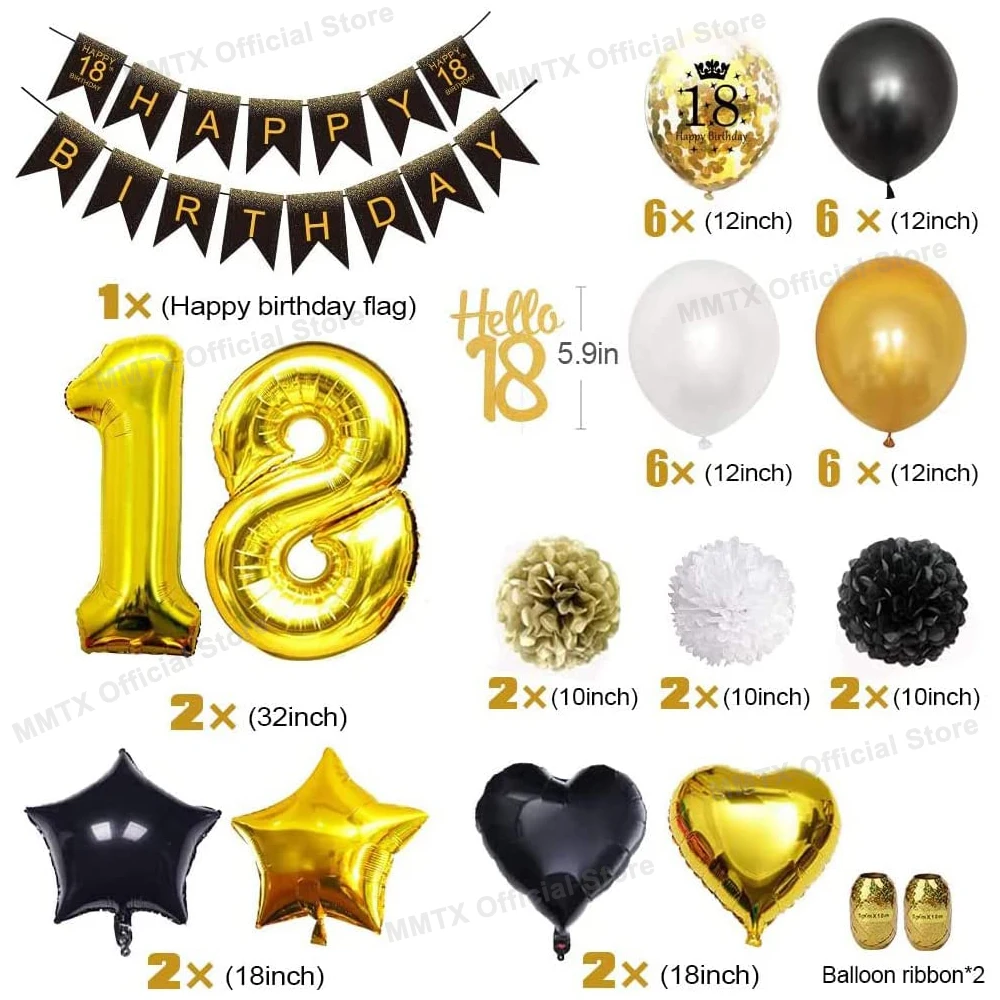 MMTX 18th Birthday Balloon Decor Birthday Party Decorations for Men Women Black Gold Balloon Garland Arch Set with Pompom Flower