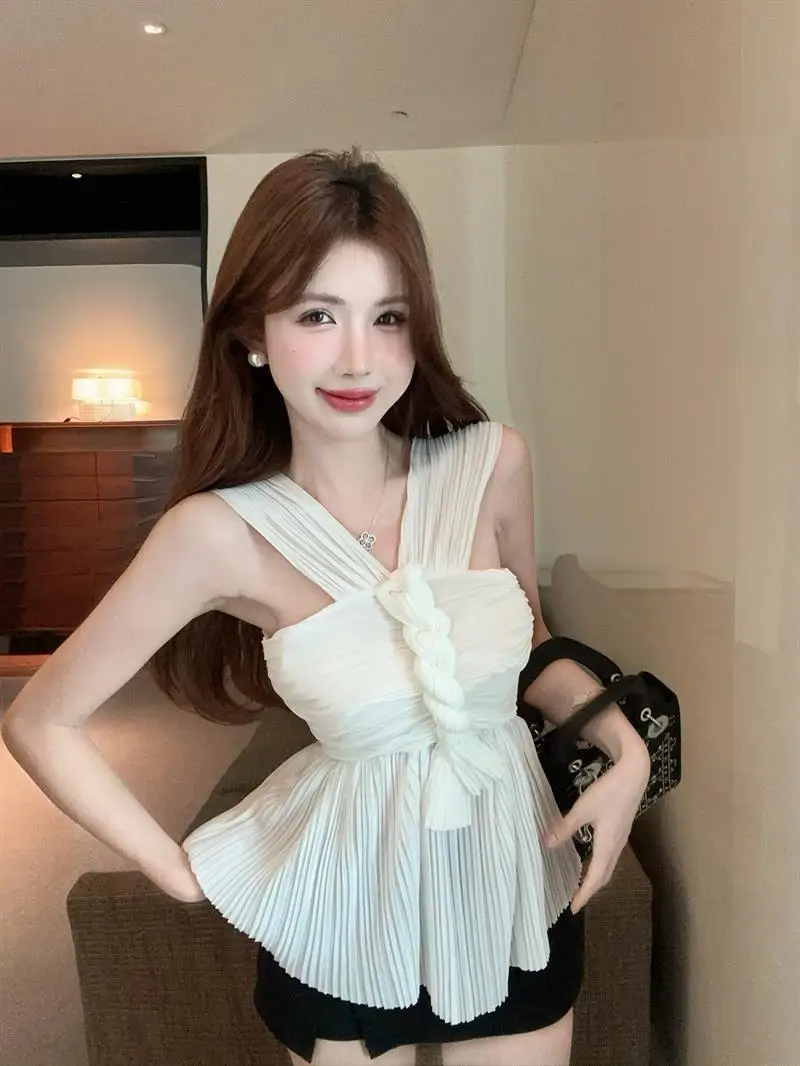 

Summer Chiffon Strapless Vest for Women Sweet And Spicy Girl Neck Hanging Top Korean Style V-neck Sleeveless Slim Fit Blouse