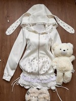 Y2k Two Pieces Set Sweet Kawaii Ears Hooded Coats + High Waist Patchwork Lace Ruffled Mini Cake Skirts Japanese Fluffy Jackets