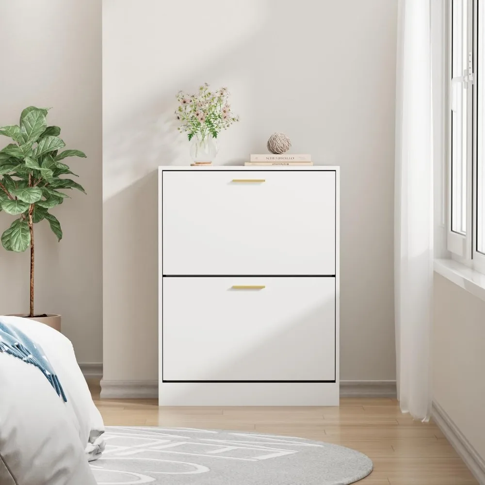 Шкаф для обуви для прихожей, Белый шкаф для хранения обуви с двумя откидными ящиками, Скрытый узкий шкаф для обуви, Freestandi