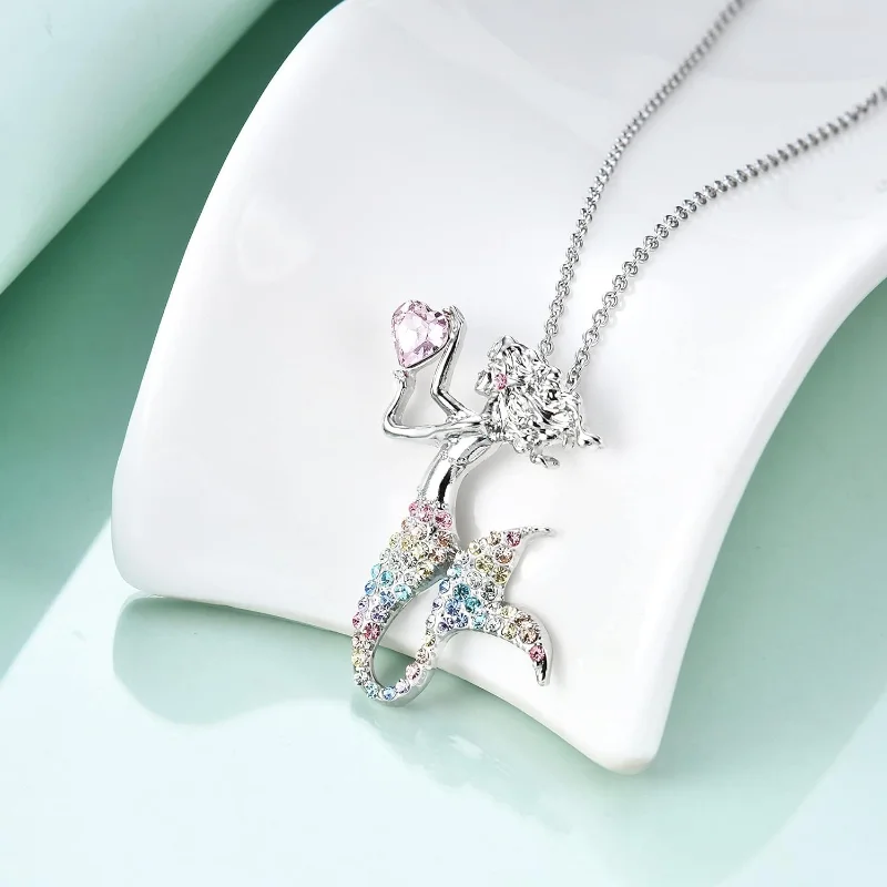 Fashion Mermaid Birthstone Pendant Jewelry White Gold Plated Austrian Crystal Necklace Gift for Girls Women