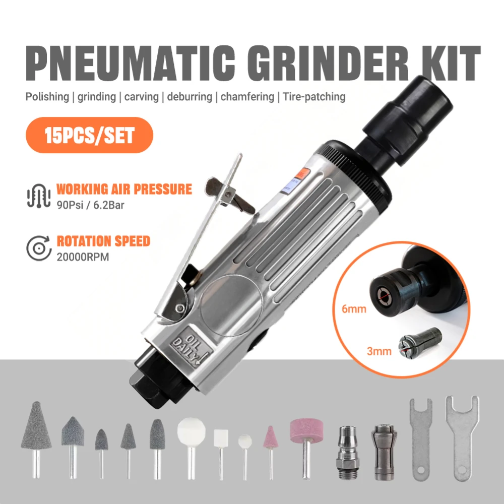 

Industrial-Grade Pneumatic Grinder Kit 15Pcs 1/4" 1/8" Die Grinder 90PSI With Accessories For Polishing Engraving Carving