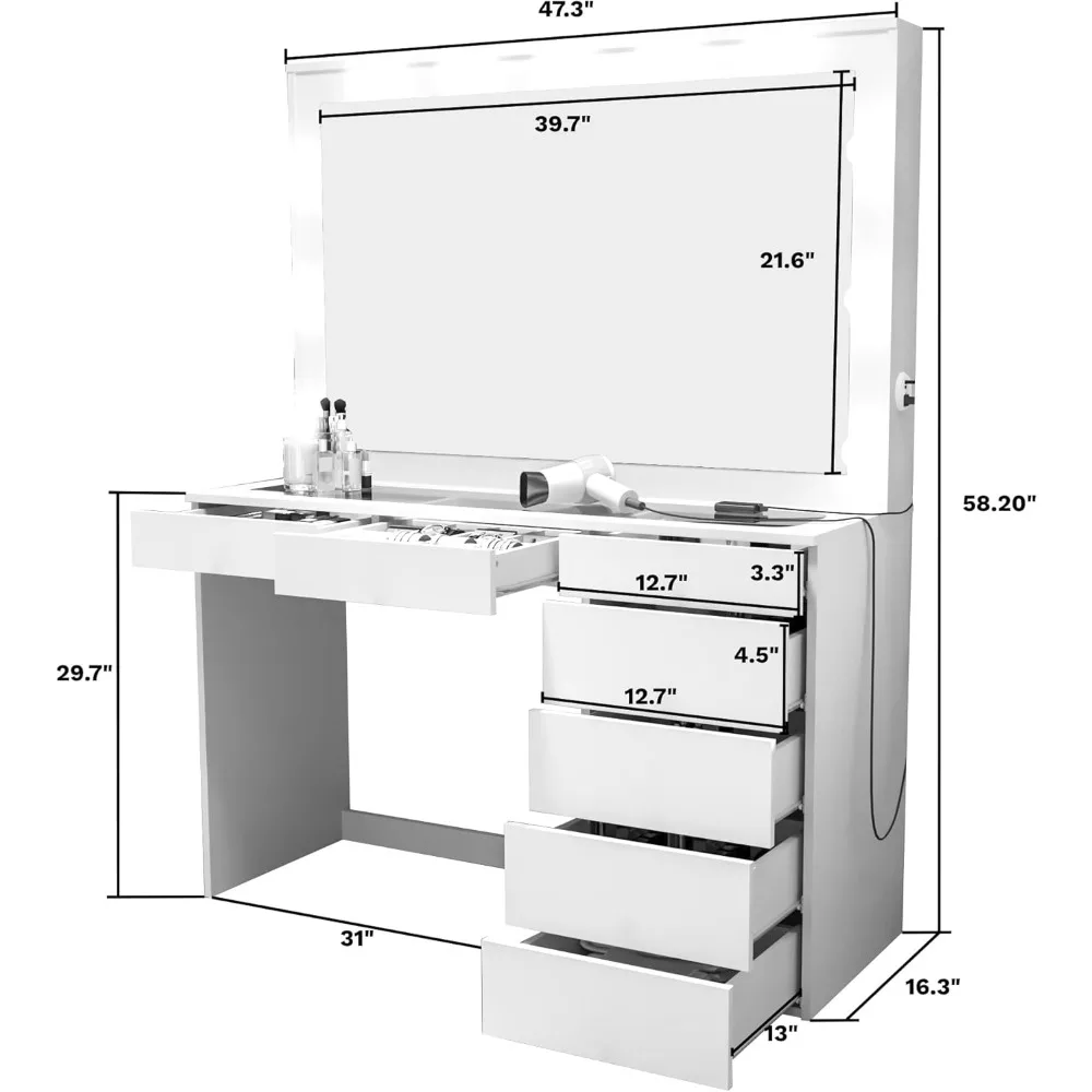 Mesa de vaidade grande com tampo de vidro com luzes de espelho de Hollywood, 7 gavetas, puxadores de cristal, USB tipo C e tipo A, tomada de energia, maquiagem elegante