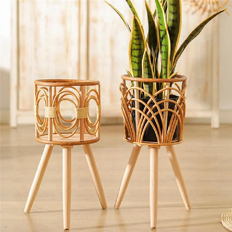 ABNL-soporte para plantas de interior de ratán, soporte para maceta de flores tejidas de paja, taburete con patas, cestas para macetas de suelo, estante para plantas de madera A Du