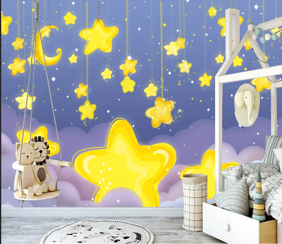 

Hand painted dream cartoon star cloud children's room sofa television background wall home decoration background 3d wallpaper