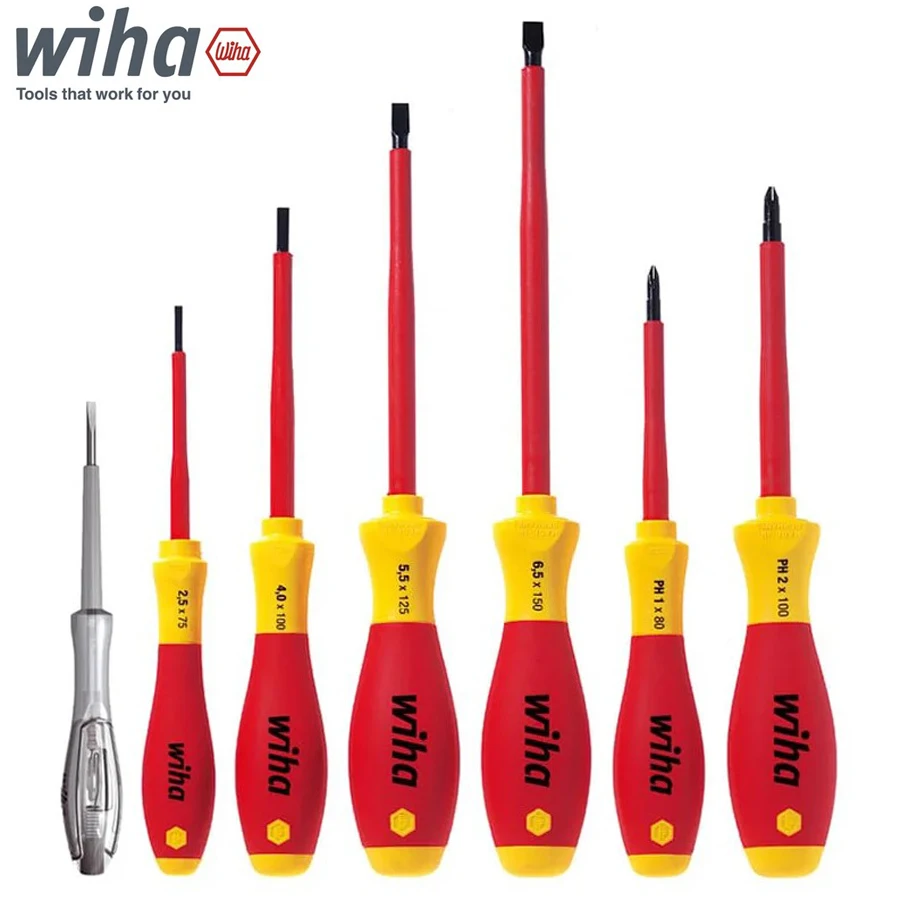 WIHA 00834 7 Pcs SoftFinish® VDE Precision Screwdriver Set Slotted Phillips Screwdriver Voltage Tester Hand Tools