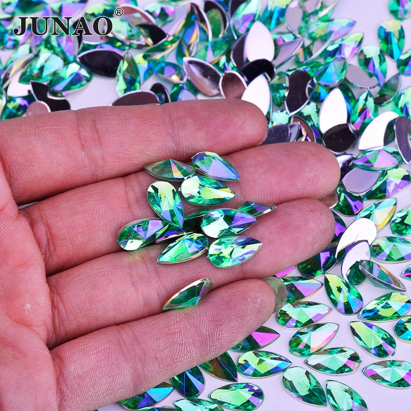 JUNAO 5*10mm 7*15mm Lt Green Crystals Horse Eye Rhinestone Flatback Acrylic Gems Glue On Strass Applique For Clothes DIY Crafts