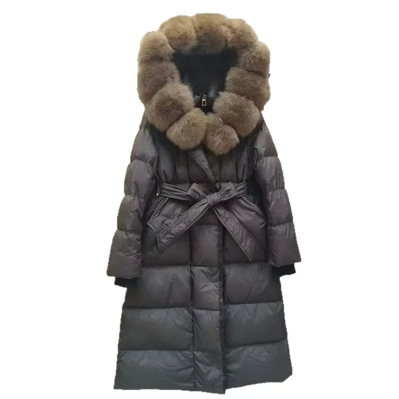 Jaqueta feminina europeia de inverno, jaqueta slim fit com capuz de pele de raposa e ganso
