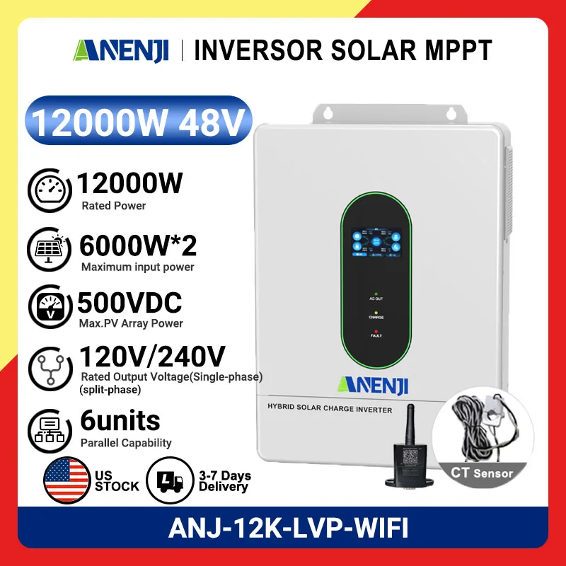 

110V/120V 12KW Hybrid Solar Inverter 48V Photovoltaic Inverter Pure Sine On/Off Grid Built-in 200A Parallel Solar Charge Control