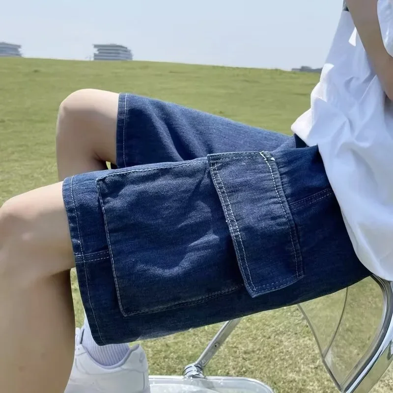 

Новые мешковатые джерсы-карго в стиле ретро с несколькими карманами для мужчин, однотонные дышащие прямые джинсовые шорты, потертые Y2K, уличная одежда, бермуды