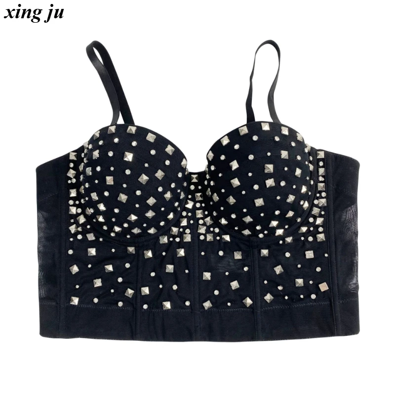

Xing Ju Nightclub Hot Girls Black Beaded Knit Corset Tank Tops Women Jazz Dance Costume Summer Sexy Rivets Vest Stage Show Wear