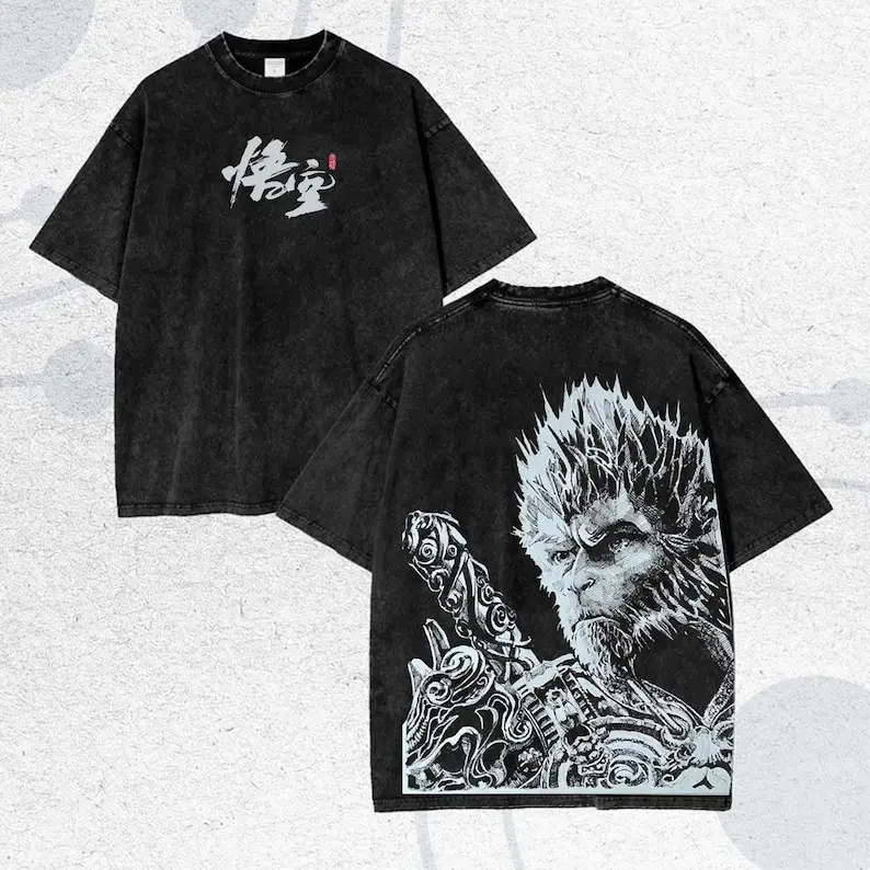 Black Myth Wukong Washed T-shirt New Model personality Clothes Oversized Unisex Vintage Loose Trendy Cotton Harajuku Breathable