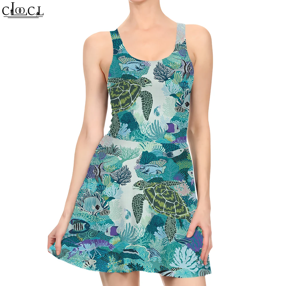 CLOOCL-vestido de princesa con estampado 3D de tortuga marina para mujer, minivestido informal sin mangas, moda de verano