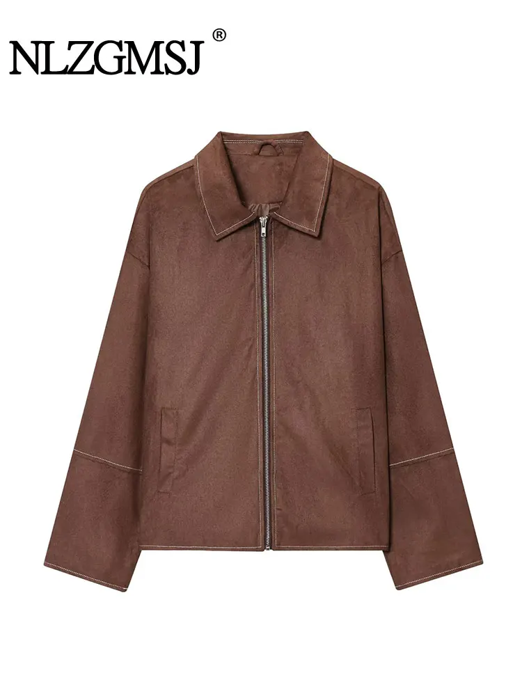

NLZGMSJ Women's Suede Jacket 2025 Autumn Long Sleeve Zipper Basic Coat Female Casual Top Y2K