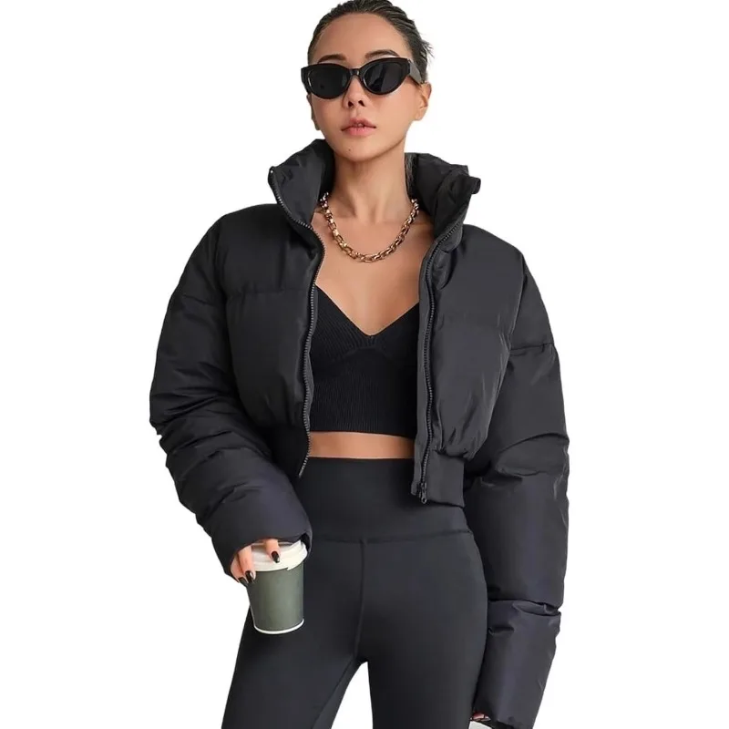 유럽 및 미국 스타일 여성용 스플라이스드 숏 코튼 재킷 겨울 신상품 솔리드 컬러 스탠드업 칼라 파카