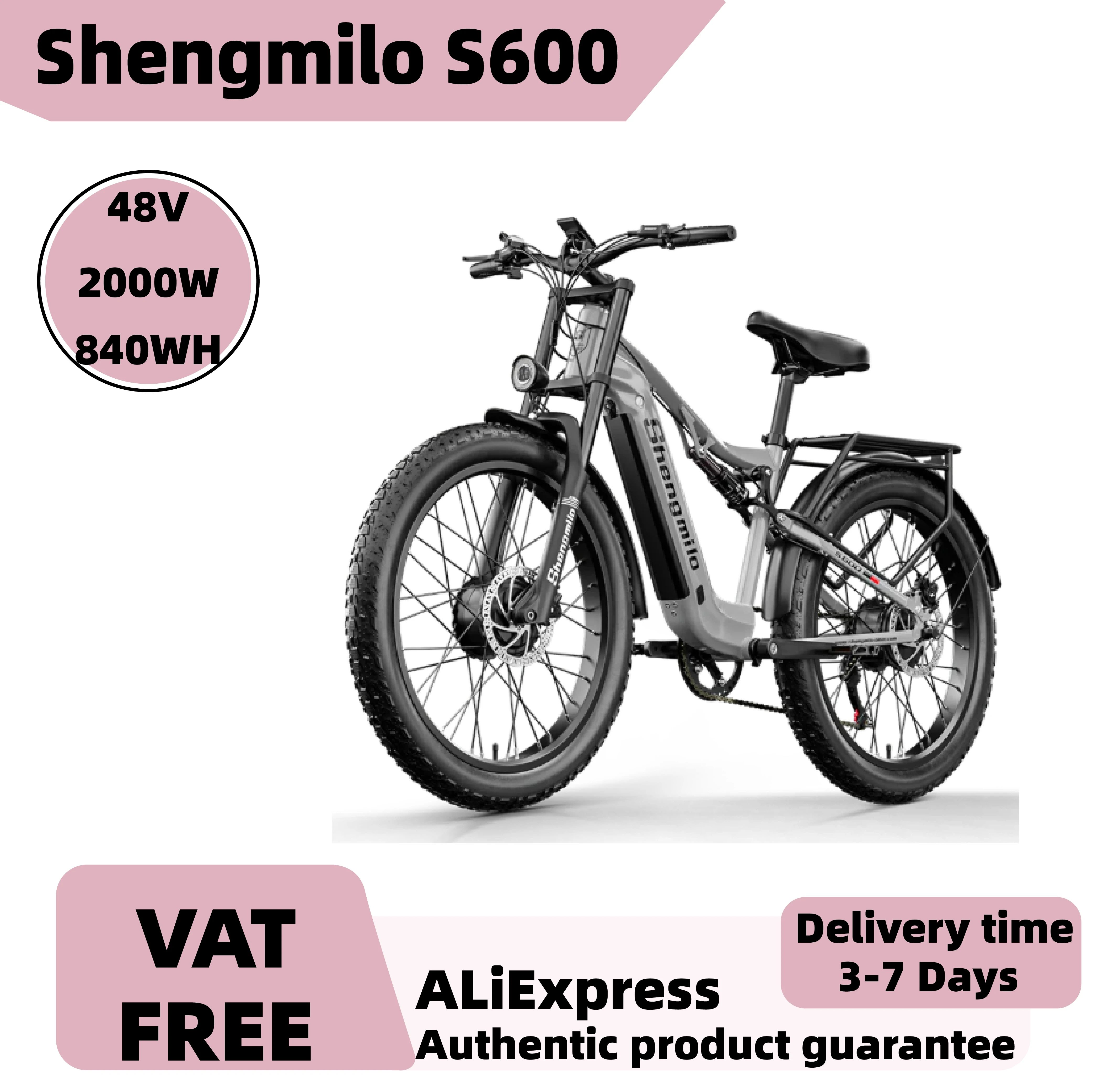 Vélos électriques Shengmilo S600 Adult Premium Edition, moteur 2000W, batterie 48V840WH, pneus larges 26 pouces, modèle pratique pour les trajets quotidiens