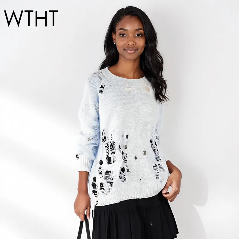 

WTHT New 2025 Autumn Women's Hole Pin Design Knit Sweater Fashion Round Neck Long Sleeves Pullovers Female 1LS2341