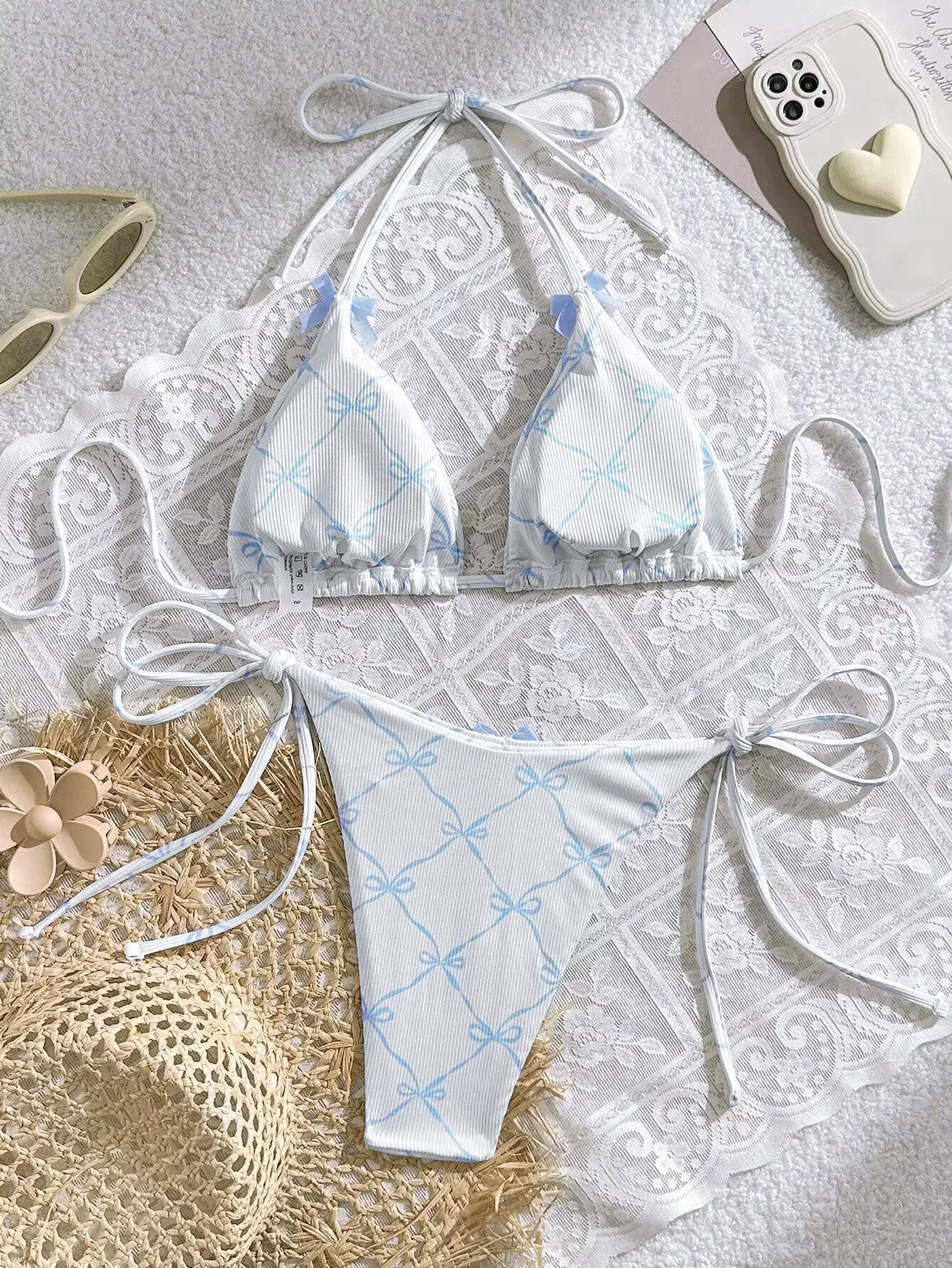 ملابس السباحة الأبيض 2 قطعة ملابس السباحة للنساء مثير القوس مثلث الرسن عارية الذراعين مجموعة البكيني الدانتيل متابعة ثونغ ثوب السباحة 2025 جديد