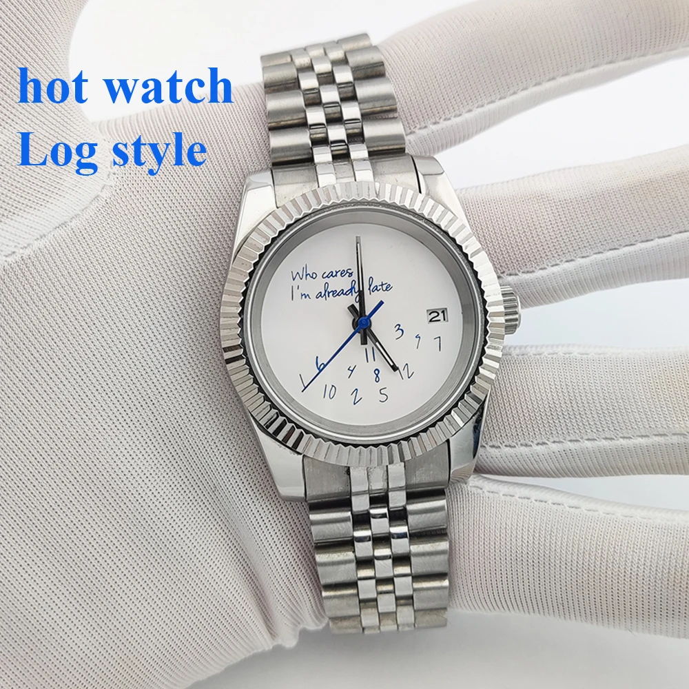 New Watch 36mm/39mm Who cares im already late Watch No Logo Blue Text Dial Sapphire Crystal Glass Automatic Movement