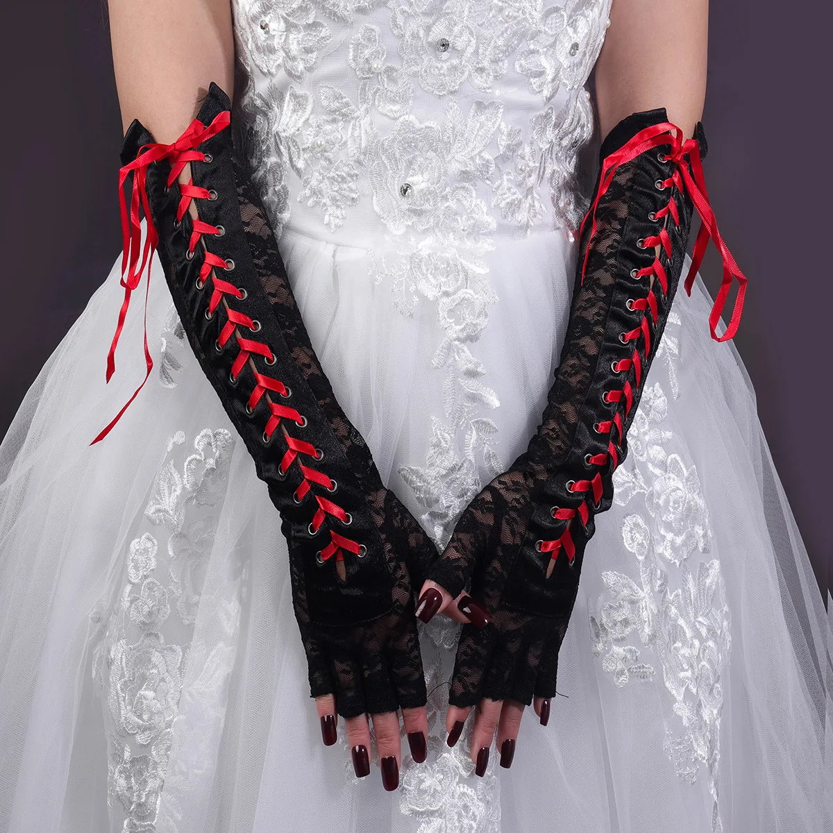 Fashion Girls Fingerless Fishnet Party Gothic Lolita Ribbon Mittens Women Sexy Lace Long Gloves Cosplay Elbow Half-finger Gloves