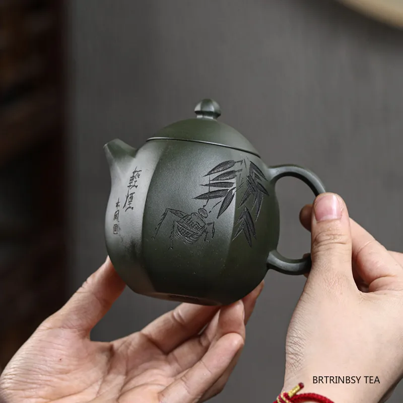 

240ml Chinese Yixing Handmade Purple Clay Teapot Hexagonal Dragon Egg Tea Pot Raw Ore Dark Green Mud Kettle Zisha Tea Set