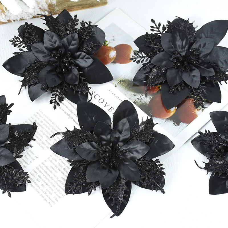 5.7 Inch Artificial Blue and Black Christmas Glitter Flowers with Clips 5/10pcs Xmas Tree Flower Ornaments Noel New Year Decor