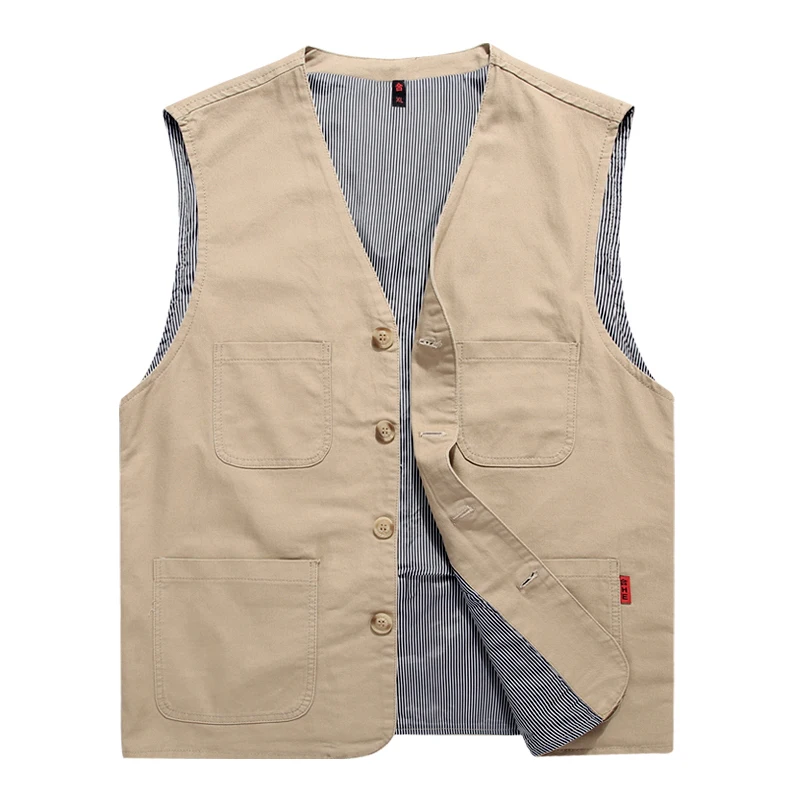 Fashion Casual Spring Autumn Men\'s V-Neck Solid Button Pockets Trend Versatile Safari Style Loose Sleeveless Cowboy Tank Tops