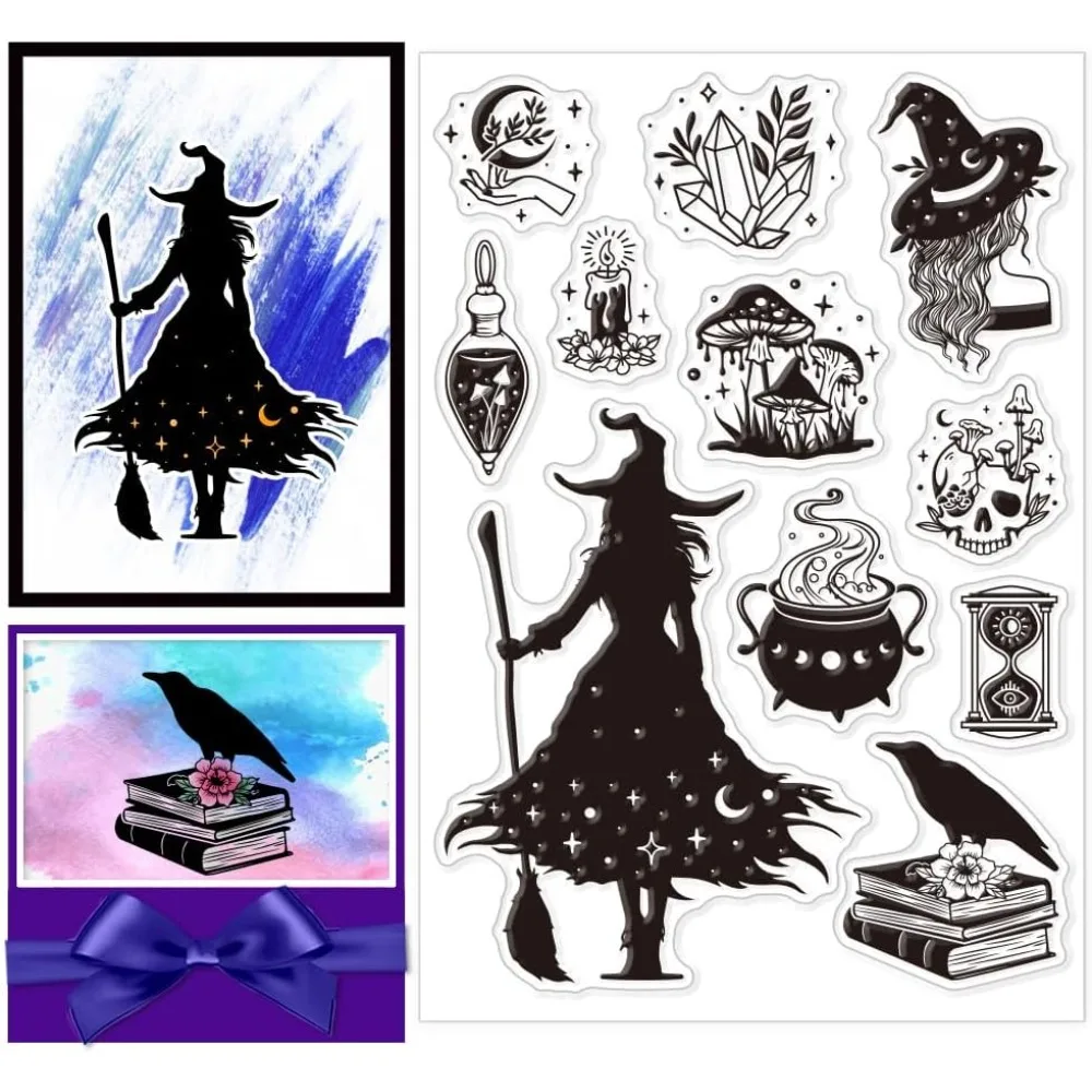 Witch Clear Stamps Crow Mushroom Transparent Stamps Silicone Clear Stamp Seals for DIY Scrapbooking Photo Album Decoration