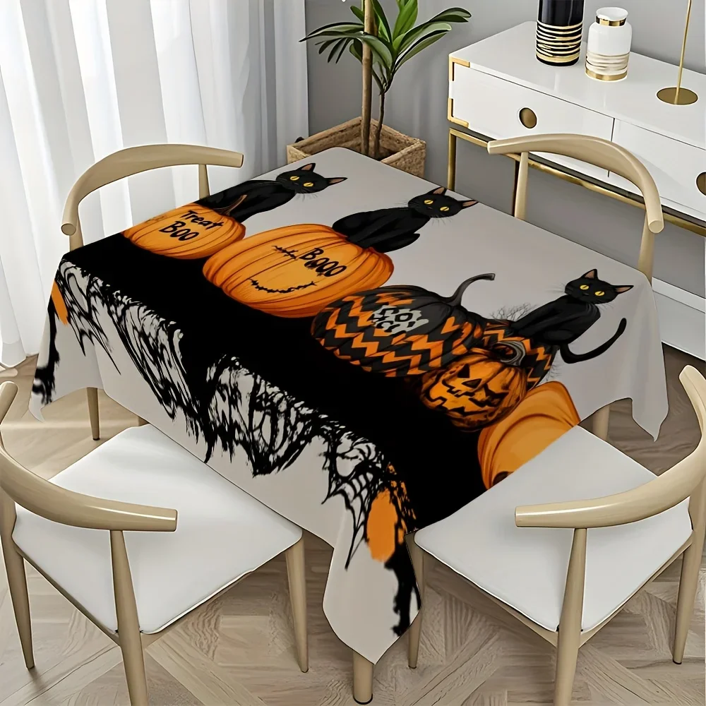 A single-color Halloween-themed tablecloth with a black cat pattern, perfect for use on family dining tables.PMJ