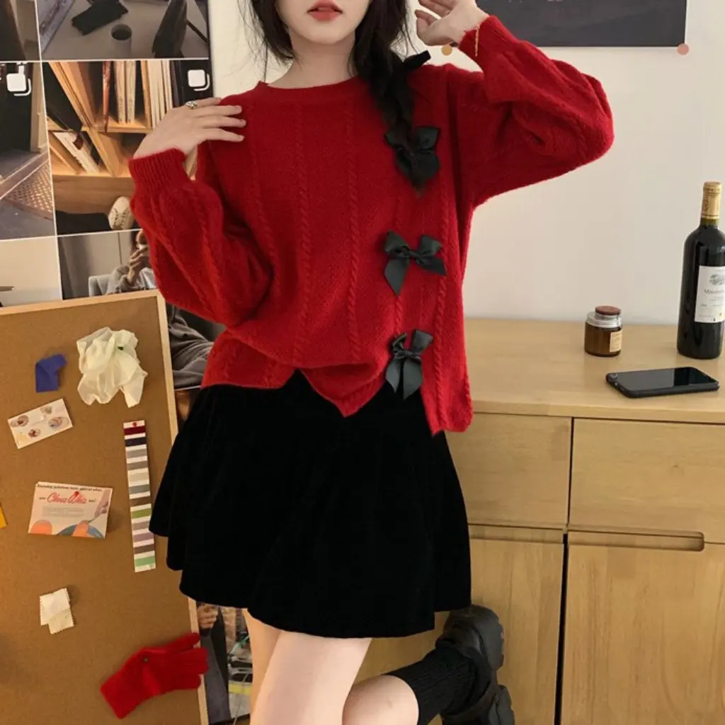 

Women's Autumn Winter Japanese Bow Turtleneck Sweater Gentle Crewneck All-match Outer Wear Niche Design