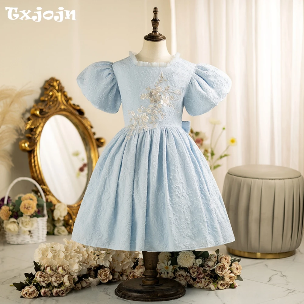 Vestido de princesa com lantejoulas e apliques de renda para crianças, performance escolar, requintado, azul, manga bufante, vestido de passarela personalizado