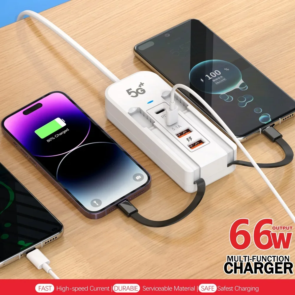 4 USB Charger 66W PD Type C Fast Charging Power Socket USB Hub Adapter Type C Cable For iPhone Samsung Xiaomi Quick Wall Charger image 4