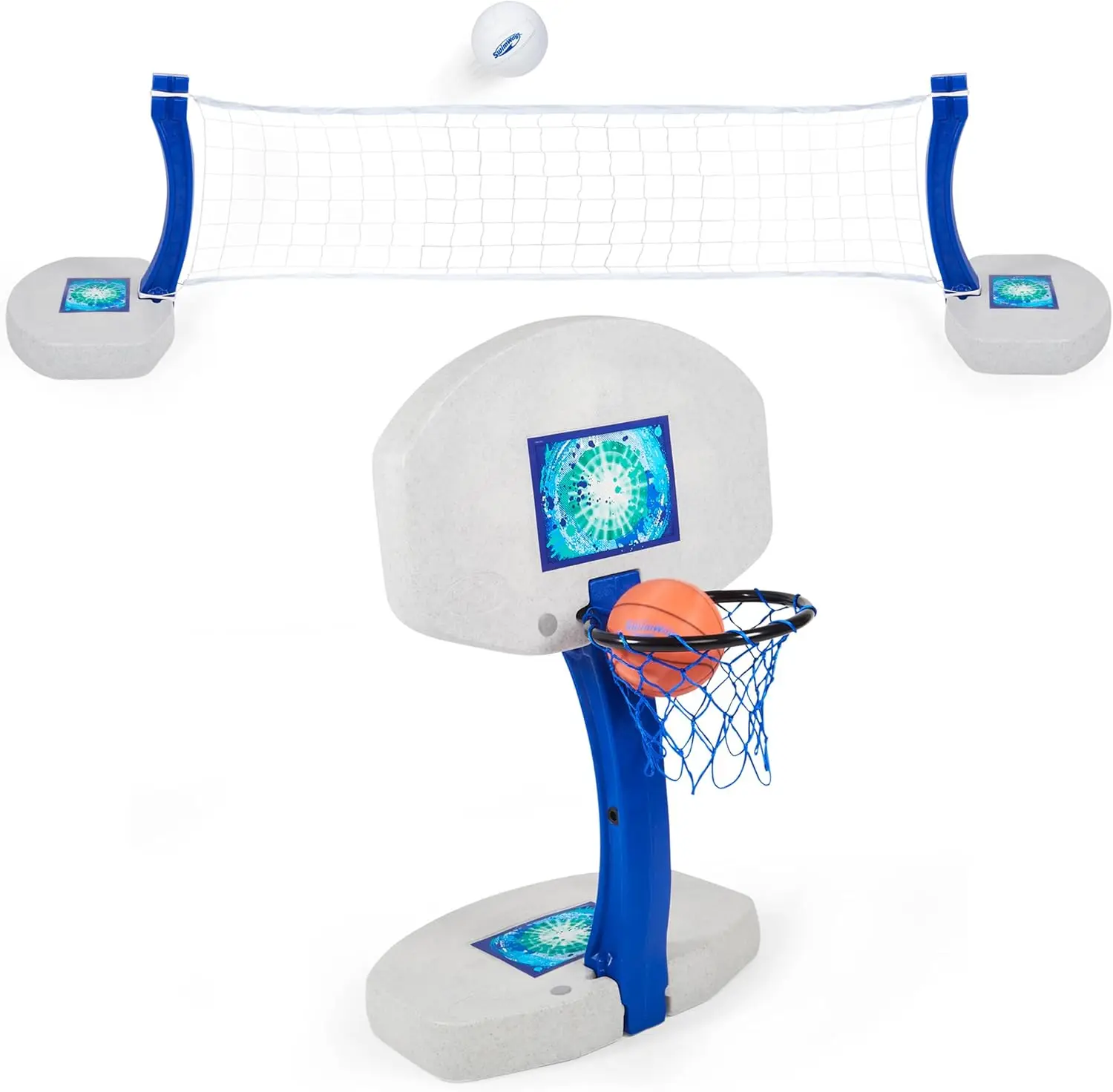 Pool Sport Combo Set - Volleyball Net & Outdoor Basketball Hoop for in- & Above Ground Pool, Outdoor Games for Adults and Family