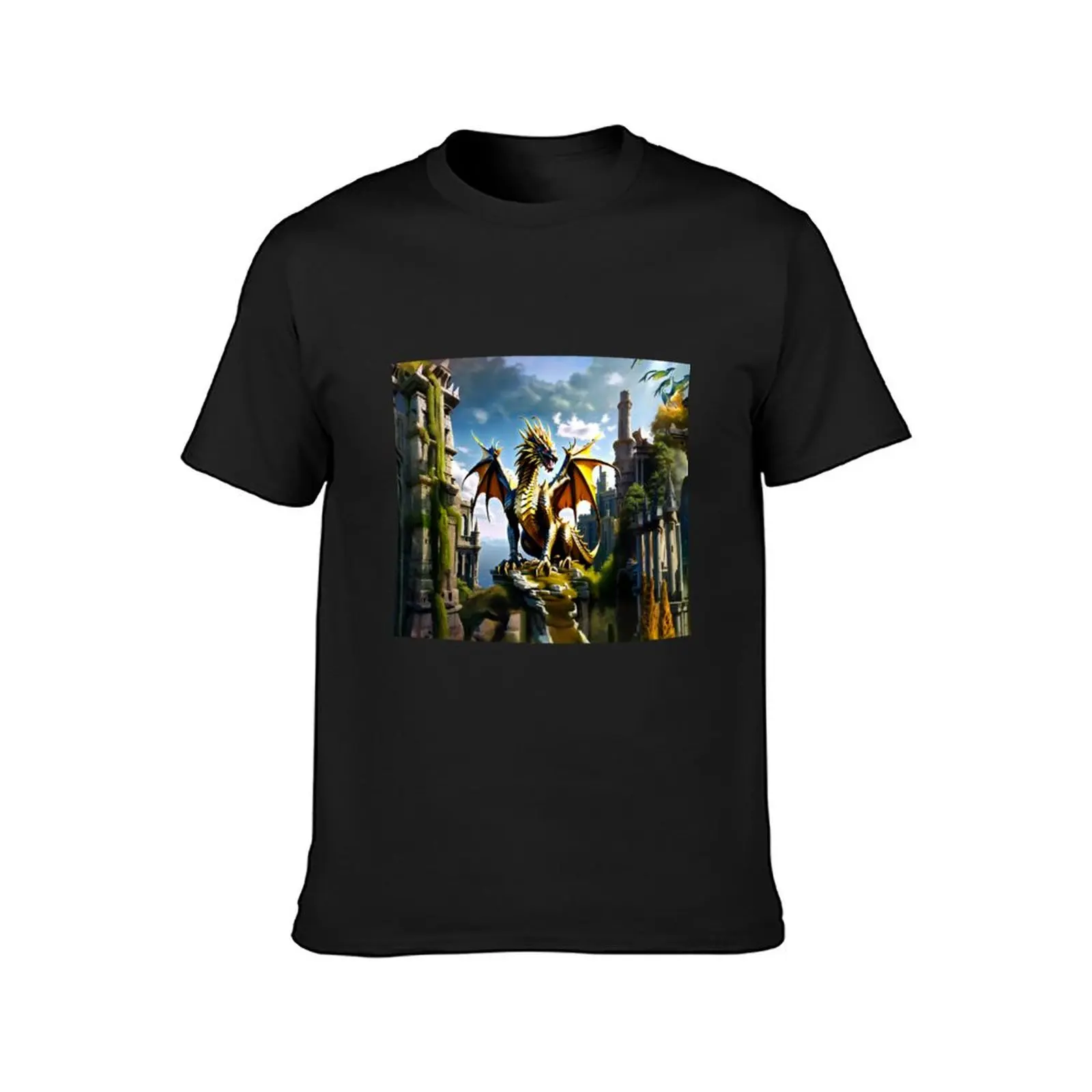 Golden Dragon in the Castle Ruin T-Shirt aesthetic clothes tees heavy weight t shirts for men