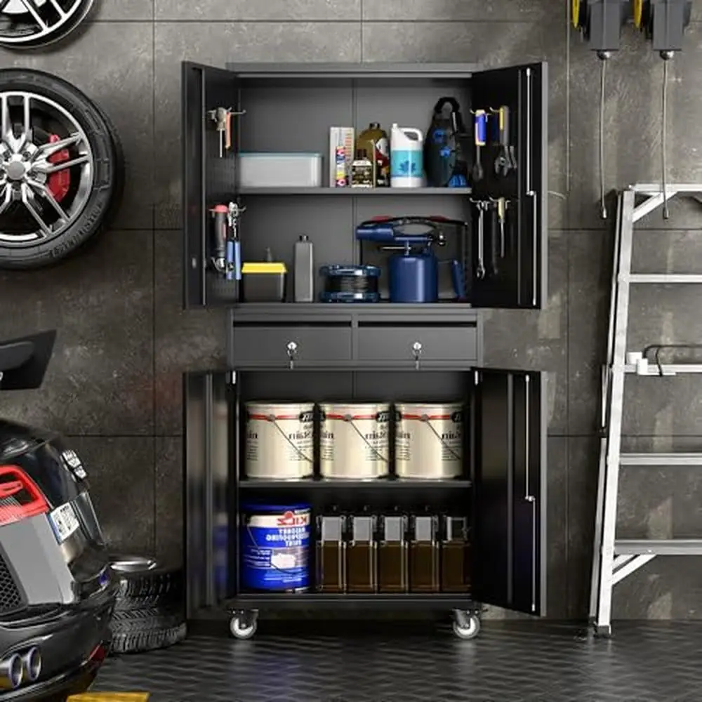 Metal Rolling Storage Cabinet with Lockable Doors & Pegboard Adjustable Shelves Tool Cabinet on Wheels